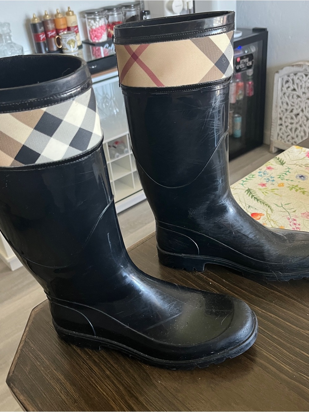 Burberry Black Rubber Rain Boots with Beige Check Trim